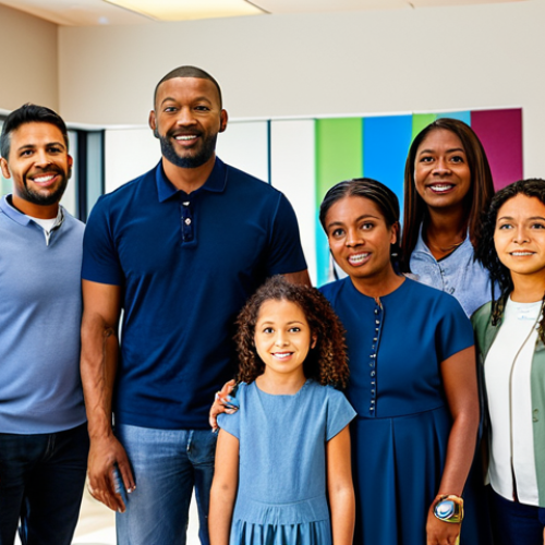 Home 4 A diverse group of adults, including parents and community members, standing together with a young child safely among them, in a bright, modern community center. They are fully clothed in modest, contemporary attire, demonstrating unity and vigilance for child protection. The background subtly includes symbols of security and justice. Professional photography, high resolution, soft lighting, safe for work, appropriate content, family-friendly, perfect anatomy, correct proportions, natural pose, well-formed hands, proper finger count, natural body proportions.