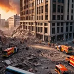 Home 9 삼풍백화점 붕괴 사고 - **Prompt:** "A wide, cinematic aerial view of an urban landscape immediately following a major build...