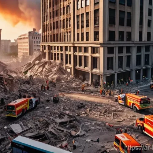 Home 15 삼풍백화점 붕괴 사고 - **Prompt:** "A wide, cinematic aerial view of an urban landscape immediately following a major build...