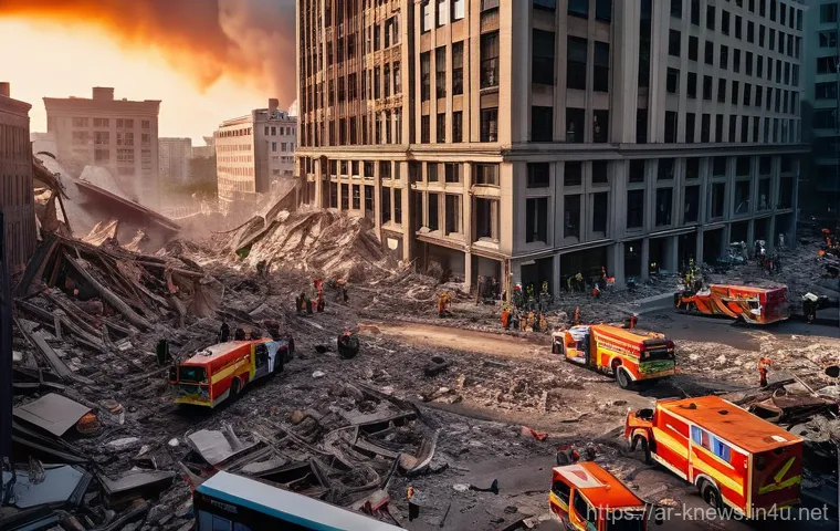 삼풍백화점 붕괴 사고 - **Prompt:** "A wide, cinematic aerial view of an urban landscape immediately following a major build...