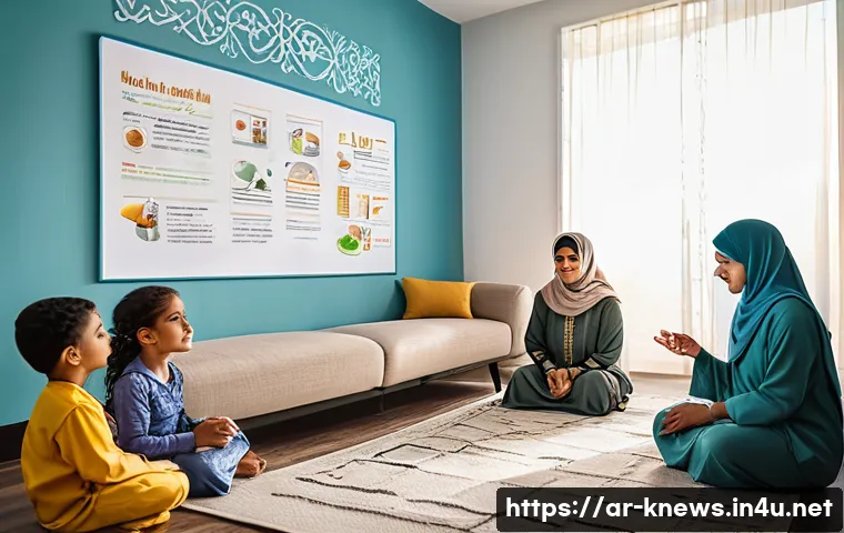 가습기 살균제 사건 - A detailed indoor scene depicting an Arabic family gathered in a modern living room, attentively par...