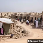 제주 4 3 사건 - A detailed scene of a coastal island village in the Arabian Gulf region recovering after armed confl...